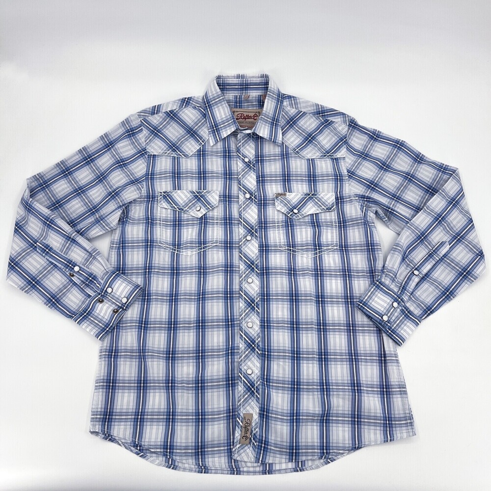 Rafter C Shirt mens Medium Blue White Plaid Long Sleeve Snap Button Western